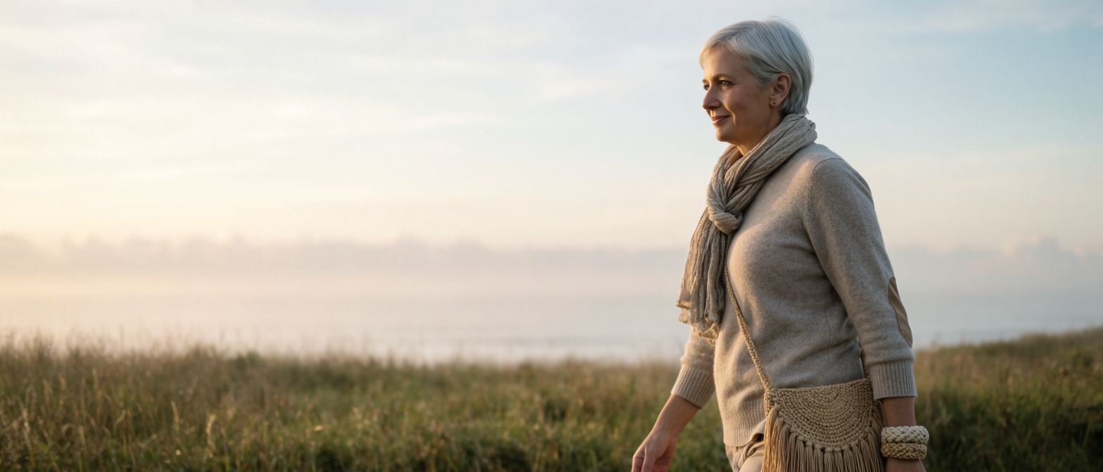 A woman in her sixties with silver hair walking along a grassy coastal path at sunrise