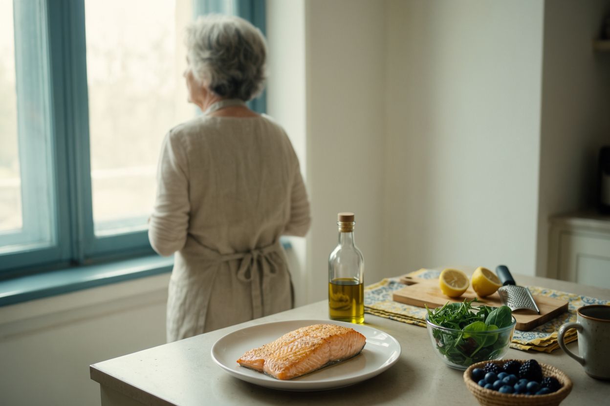 A kitchen counter with baked salmon, leafy greens, berries, lemons and olive oil in soft window light
